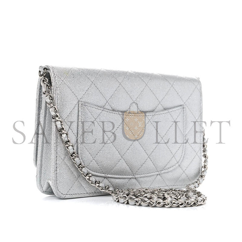 CHANEL GLITTERED METALLIC CAVIAR QUILTED WALLET ON CHAIN WOC SILVER AP0250 (19*13*3cm)